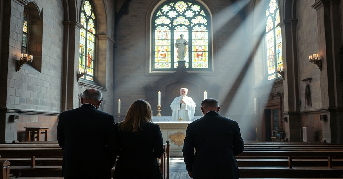 Scena tradycyjnej mszy Św. w Kościele katolickim z rodzina modlącą się za duszę zmarłej Marianny Zofii Pyl.