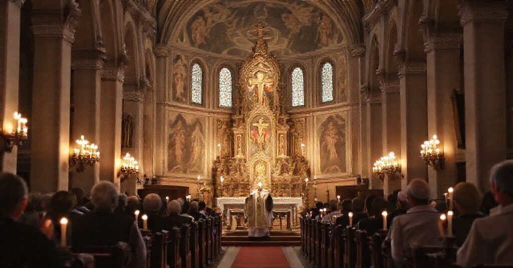 Stara liturgia katolicka w tradycyjnym kościele z kapłanem i ministrantami