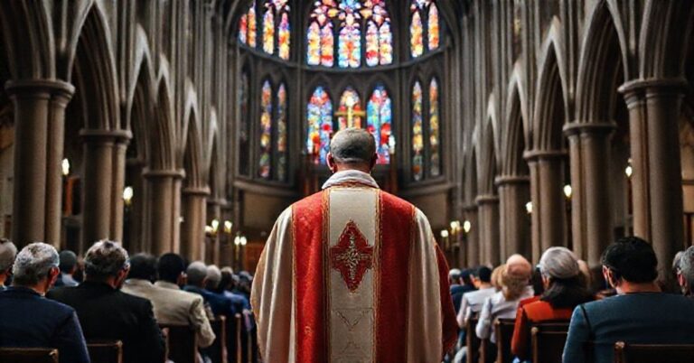 Kapłan w tradycyjnych szatach liturgicznych odprawia mszę świętą ad orientem w gotyckim kościele. Wierni klęczą w modlitwie.