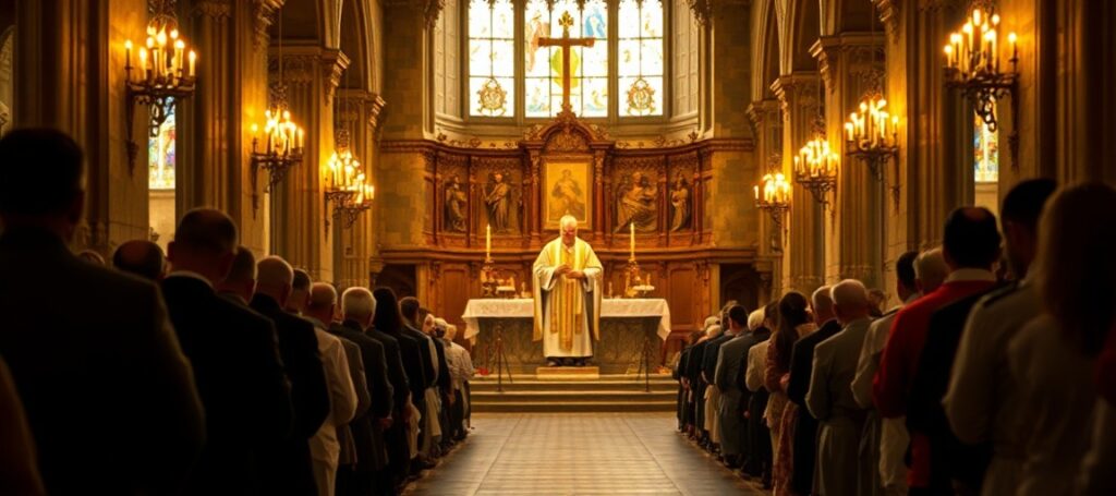 Tradycyjna Msza Święta w kościele katolickim z kapłanem w tradycyjnych ornatach celebrującym przy ołtarzu podczas uroczystej liturgii rzymskiej.