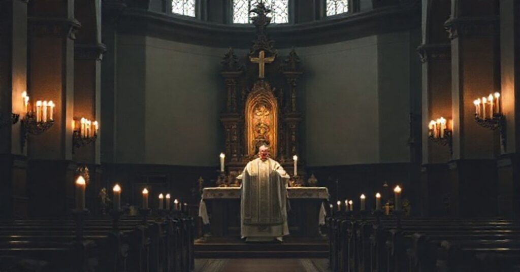 Tradycyjna msza święta w katolickim kościele z kapłanem w liturgicznych szatach i ołtarzem pełnym symboli wiary