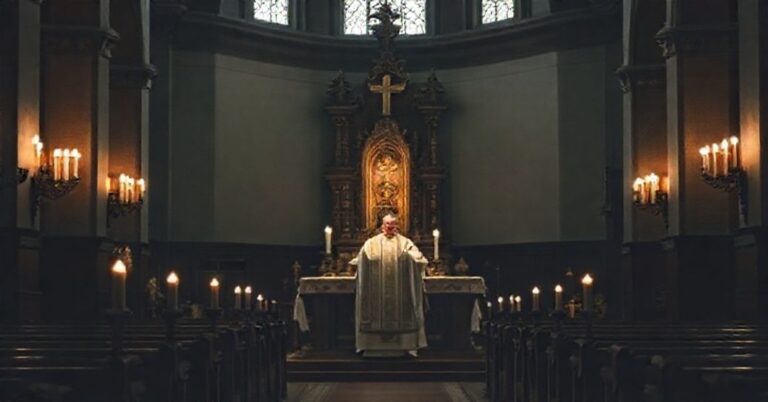 Tradycyjna msza święta w katolickim kościele z kapłanem w liturgicznych szatach i ołtarzem pełnym symboli wiary