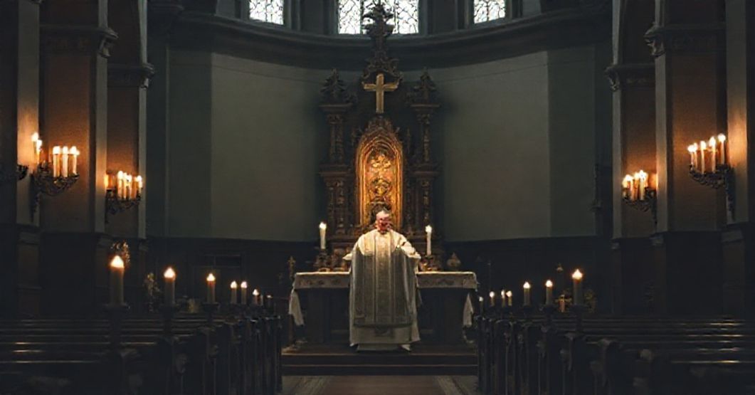 Tradycyjna msza święta w katolickim kościele z kapłanem w liturgicznych szatach i ołtarzem pełnym symboli wiary