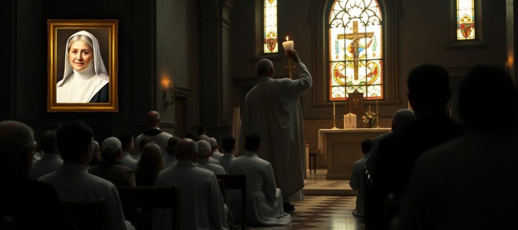 Tradycyjna katolicka wnętrze kościoła z celebracją Mszą Trydencką przez kapłana w szatach liturgicznych. Wierni modlą się klęcząc wobec Najświętszego Sakramentu.
