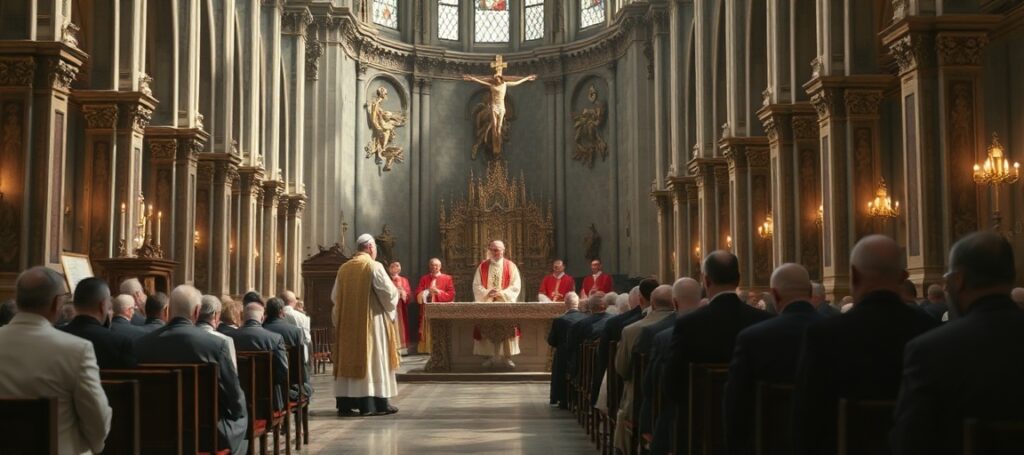 Tradycyjna Msza Święta w katedrze z prawdziwym kapłanem i zgrupowaniem modernistycznych 'biskupów' na tle