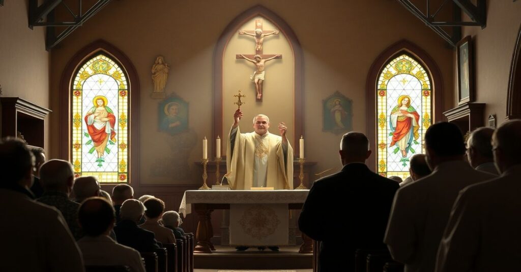 Tradycyjny kapłan w liturgicznych szatach celebrujący ważną Mszę Świętą w humilnej kaplicy podczas tradycyjnej Mszy św.