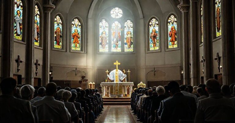 Tradycyjna Msza Trydencka w poświęconym kościele katolickim z podniesionym Hostią i modlącym się konungregacją.