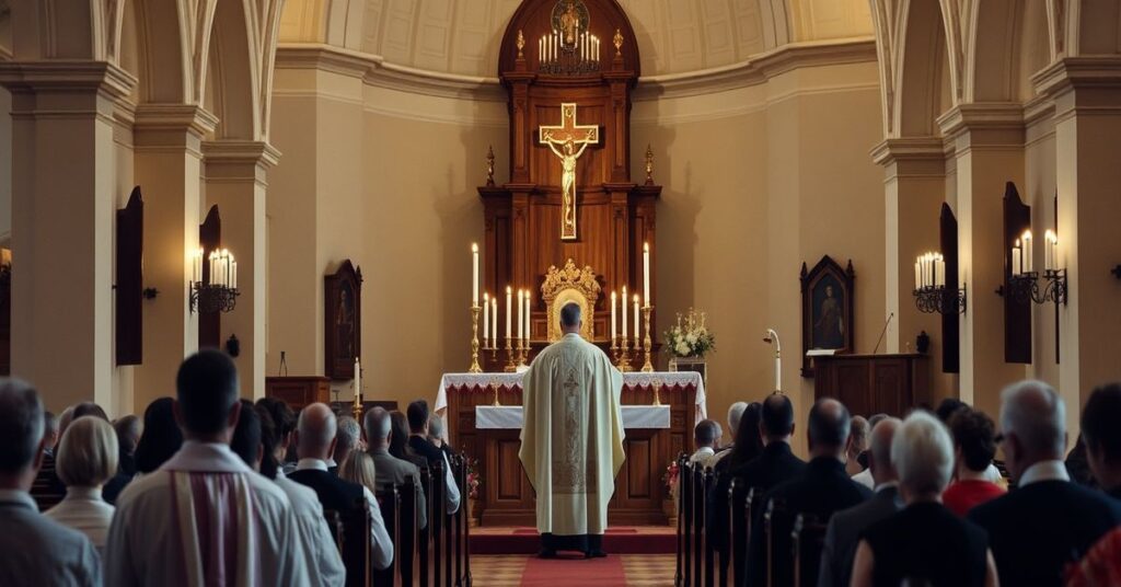 Tradycyjne wnętrze kościoła katolickiego podczas mszy trydenckiej według perspektywy sedewakantystów