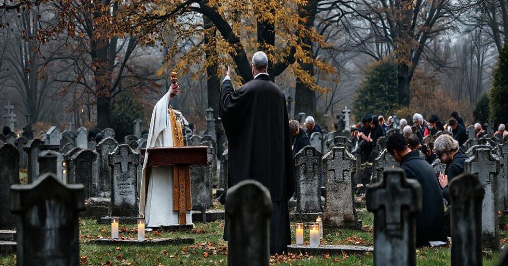 Prawdziwa Msza św. w Dzień Zaduszny na cmentarzu, odprawiana przez kapłana w tradycyjnym stroju liturgicznym, z modlącymi się wiernymi.