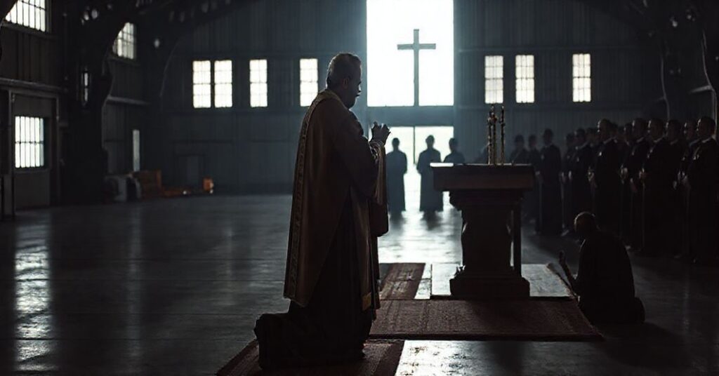 Tradycyjna msza święta w hangarze lotniczym z kilku wiernymi modlącymi się na kolanach.