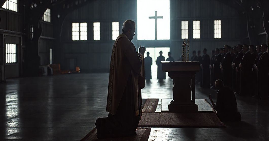 Tradycyjna msza święta w hangarze lotniczym z kilku wiernymi modlącymi się na kolanach.