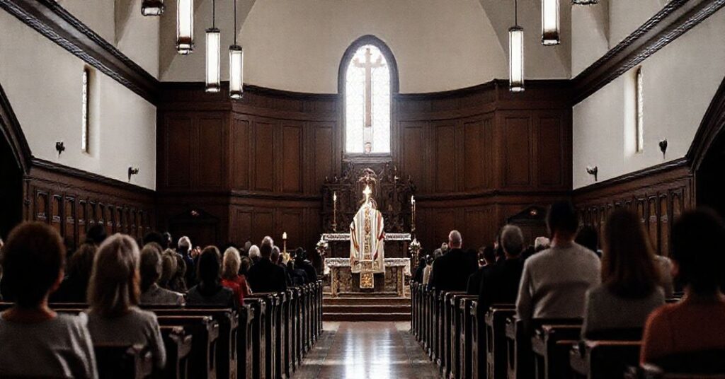 Wnętrze kościoła w tradycyjnym stylu katolickim z ołtarzem i kapłanem celebrującym Mszę trydencką, otoczony modlącymi się parafianami.
