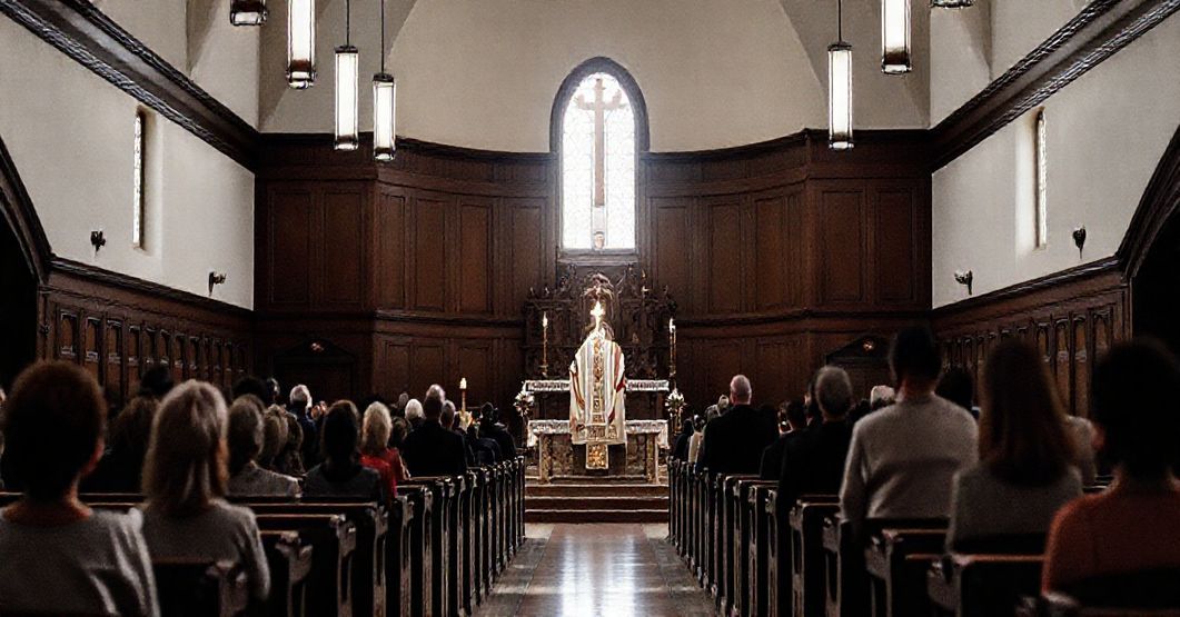 Wnętrze kościoła w tradycyjnym stylu katolickim z ołtarzem i kapłanem celebrującym Mszę trydencką, otoczony modlącymi się parafianami.