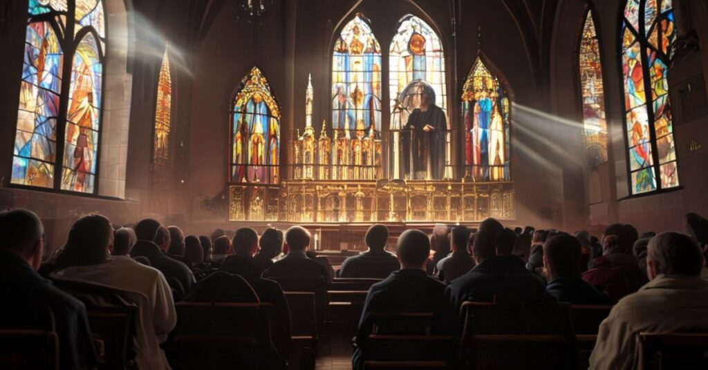 Wnętrze tradycyjnego kościoła katolickiego z ołtarzem głównym i kapłanem celebrującym Mszę w Rzymskim Oblikku. Wierni modlą się w atmosferze pokory i szacunku.