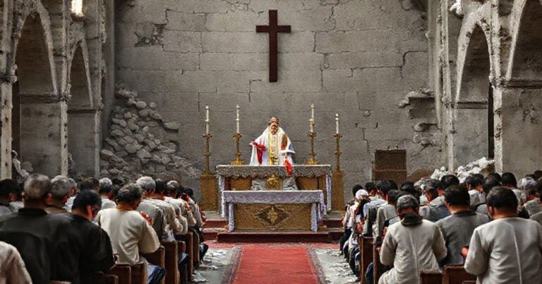 Tradycyjna katolicka msza święta w ruinach kościoła w Gazie podczas konfliktu