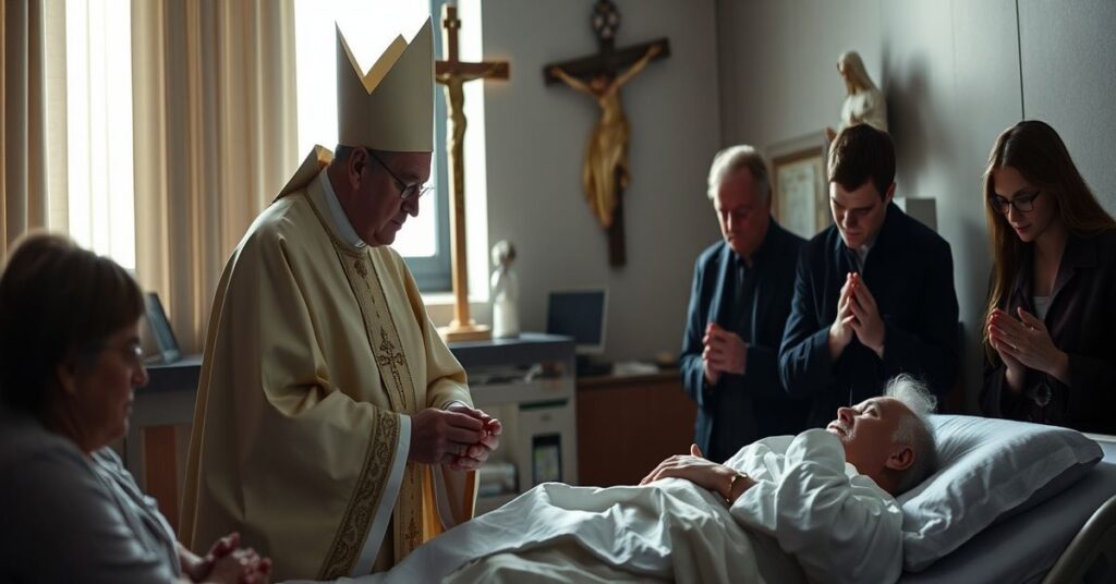 Tradycyjny ksiądz katolicki udzielający sakramentu chorym w szpitalnym pokoju z rodziną w modlitwie i symbolami wiery.
