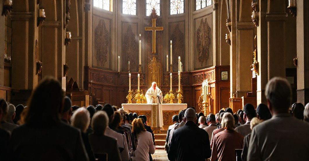 Wnętrze tradycyjnej kaplicy katolickiej z modlącymi się wiernymi i celebracją Mszy Świętej przez księdza w tradycyjnych szatach liturgicznych.