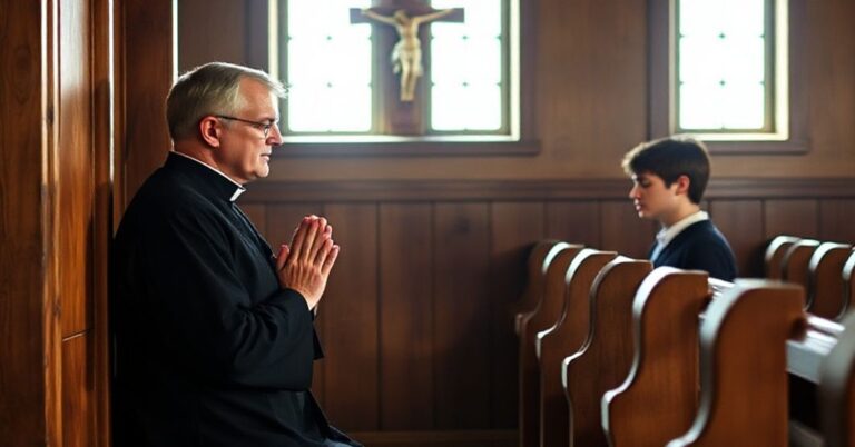 Tradycyjny katolicki ksiądz w czarnej sutannie w konfesjonale w drewnianej kaplicy na Podhalu.