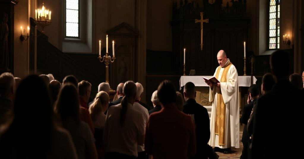 Tradycyjna katolicka Wigilia Paschalna w starej kościele - modlący się zebrani przed ołtarzem