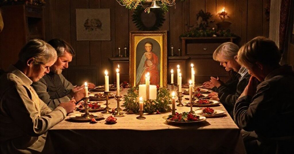 Tradycyjna wigilia w domowym otoczeniu z modlitwą i ikoną Dzieciątka Jezus