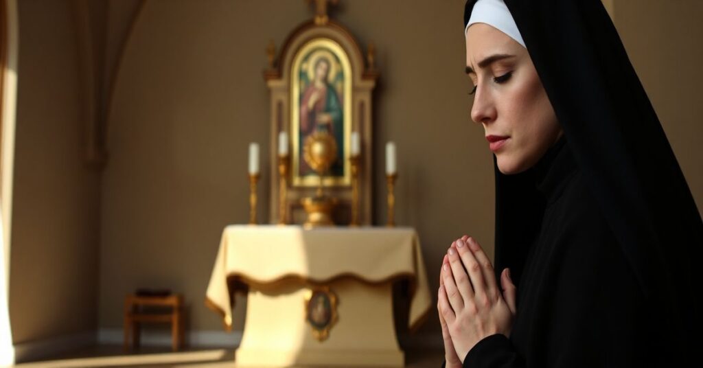 Tradycyjna zakonnica w czarnym habicie modląca się przed Najświętszym Sakramentem w prostym kaplicy.