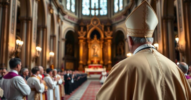 Fotografia realistyczna tradycyjnego katolickiego biskupa podczas uroczystości w katedrze, podkreślająca powagę i autentyczność liturgii zgodnie z katolicką tradycją