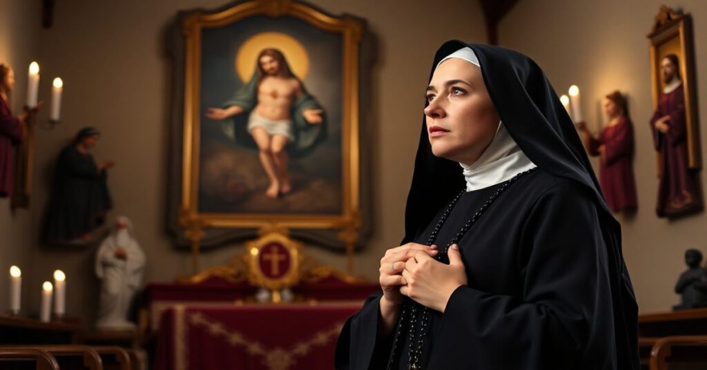 Portret tradycyjnej katolickiej zakonnicy w czarnej habitce trzymającej różaniec w kaplicy z sakralnym sztuką i obrazem Serca Jezusa.
