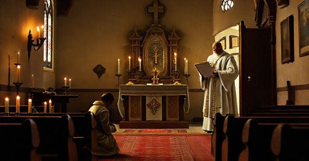 Kaplica z tradycyjnym ołtarzem i seminarianinem w modlitwie, kontrastującym z nowoczesnym biskupem trzymającym dokument modernistyczny.