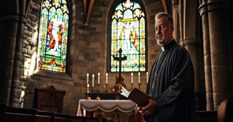 Tradycyjny wnętrze kościoła katolickiego z ołtarzem, kapłanem w sutannie i witrażem przedstawiającym Ukrzyżowanie, symbolizującym prawdziwą świętość i wiarę