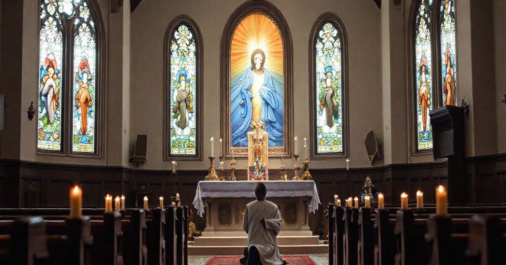 Tradycyjny wnętrze kościoła katolickiego z ołtarzem i kapłanem w modlitwie, podkreślające nadprzyrodzoną rzeczywistość nieba i konieczność łaski i pokuty.
