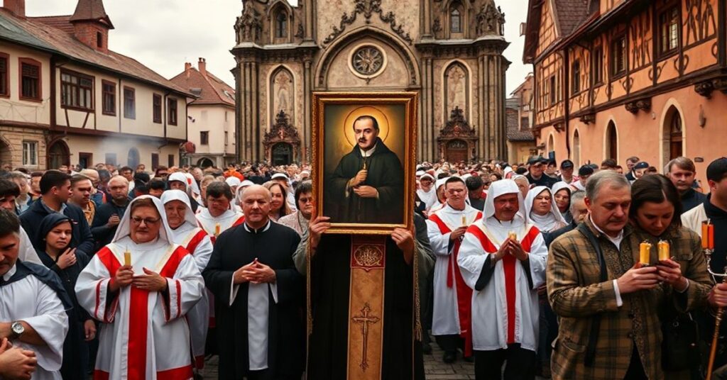 Pogrzebowa procesja katolicka w Grójcu na cześć Księdza Piotra Skargi, z wiernymi w tradycyjnych habitach i symbolami katolickimi.