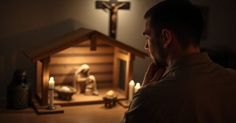 Młody katolik w modlitwie przed sceną stajenką z Rodziną śrewą na tle tradycyjnego wnętrza kościoła.