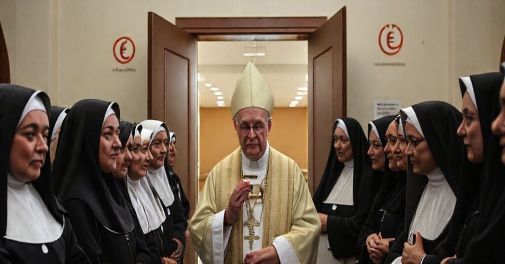 Zgromadzenie siostry w habitach w obecności biskupa, w tle budynek ośrodka Caritas z logami Unii Europejskiej i miasta