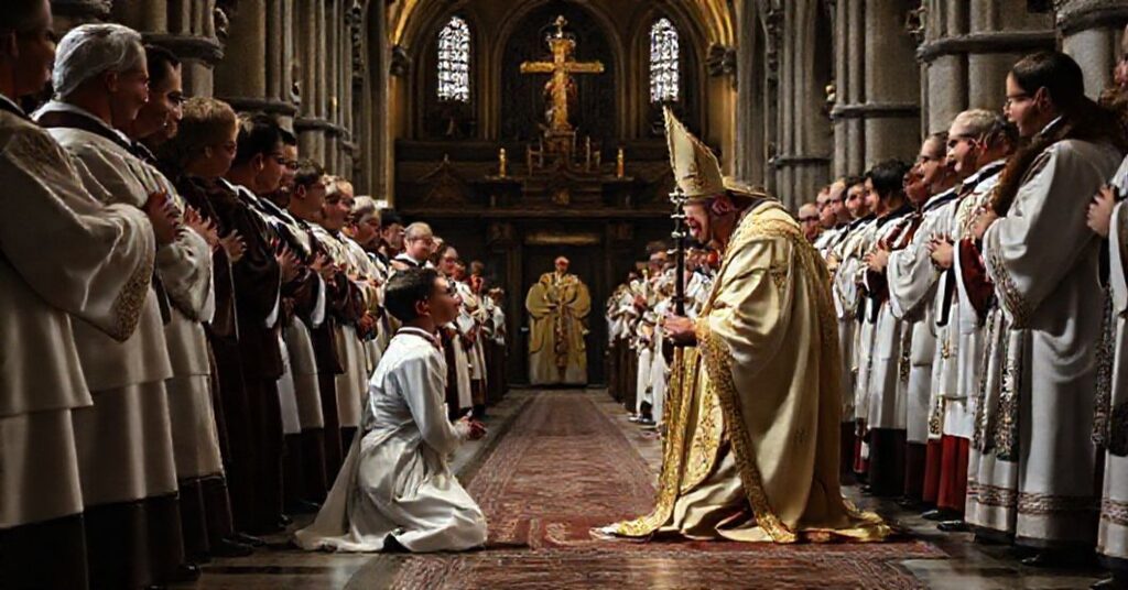 Zdjęcie przedstawia tradycyjną trydentyńską uroczystość święceń kapłańskich w starym katedrze katolickiej. Młody kandydat klęczy przed biskupem w pełnym stroju liturgicznym, otoczony poważnym klerem i gorliwymi wiernymi. Scena podkreśla sakralną wagę sakramentu, akcentując nadprzyrodzone powołanie do kapłaństwa ponad trendy społeczne.