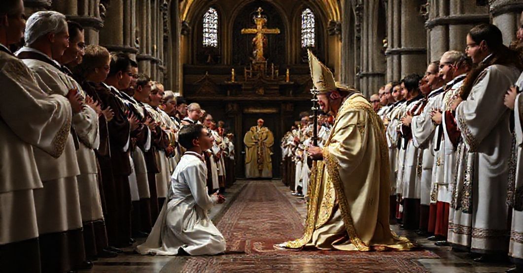 Zdjęcie przedstawia tradycyjną trydentyńską uroczystość święceń kapłańskich w starym katedrze katolickiej. Młody kandydat klęczy przed biskupem w pełnym stroju liturgicznym, otoczony poważnym klerem i gorliwymi wiernymi. Scena podkreśla sakralną wagę sakramentu, akcentując nadprzyrodzone powołanie do kapłaństwa ponad trendy społeczne.