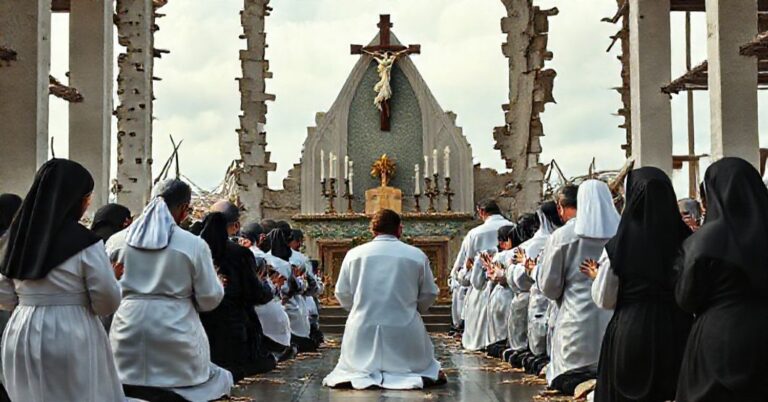 Tradycyjni kapłani i siostry zakonne modlą się przed zniszczonym ołtarzem kościłowym po huraganie