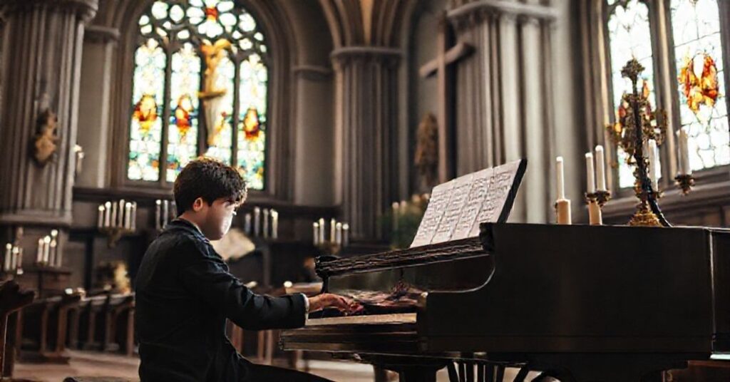 Młody pianist wykonujący Preludia Chopina w tradycyjnym kościele katolickim z głęboką emocją i techniczną perfekcją.