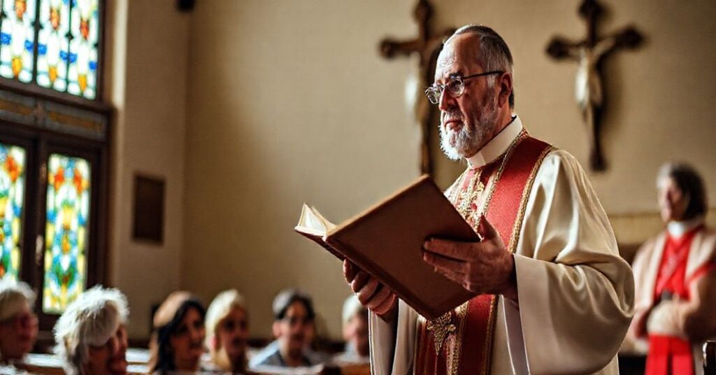 Tradycyjny kapłan katolicki prowadzi katechezę dla wiernych w tradycyjnym kościele