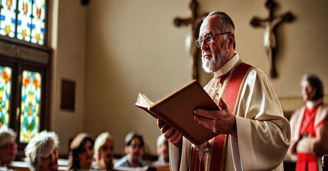 Tradycyjny kapłan katolicki prowadzi katechezę dla wiernych w tradycyjnym kościele