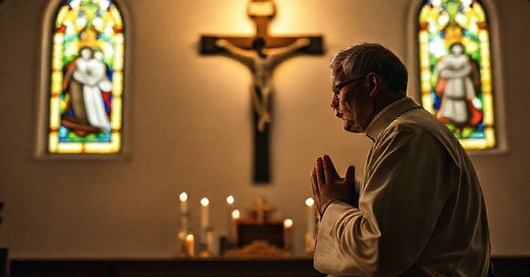 Kneeling traditional Catholic priest in prayer before a crucifix in a dimly lit chapel