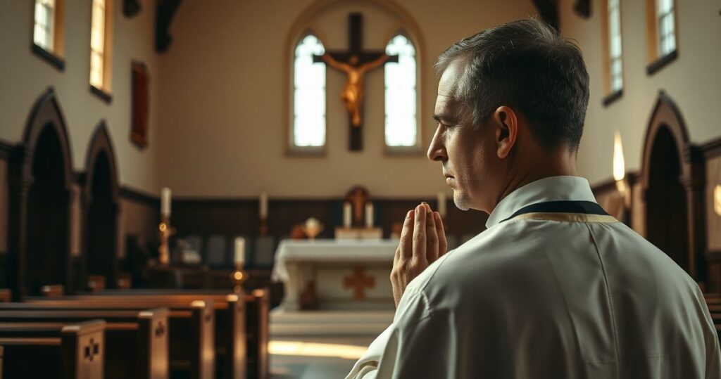 Kapłan w sutannie modlący się w tradycyjnym kościele katolickim, symbol pobożności i oddania Bogu