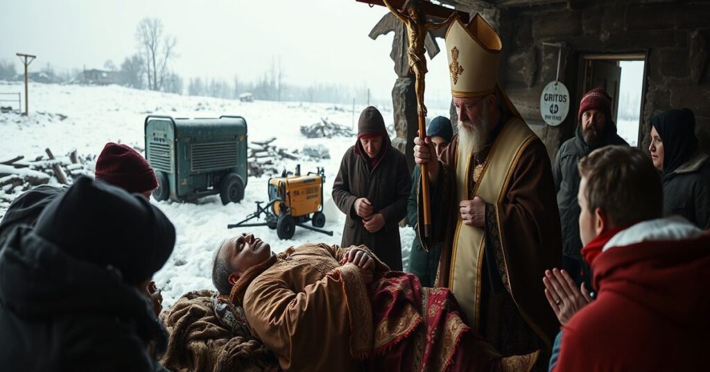 Tradycyjny kapłan katolicki udziela sakramentu chorym w zniszczonej wiosce ukraińskiej w trakcie zimowej katastrofy humanitarnej.