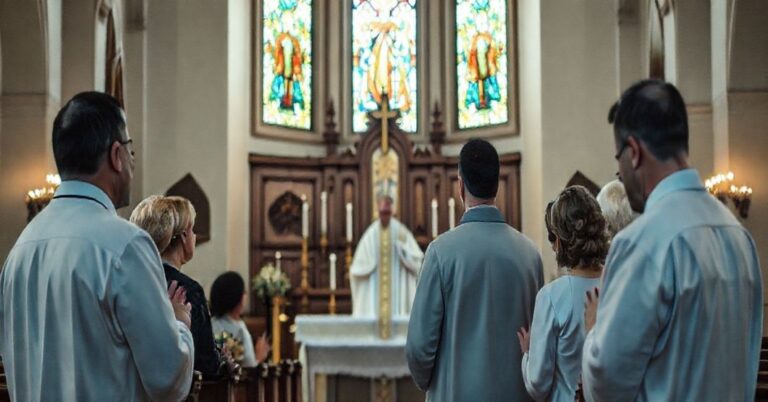 Tradycyjny kościół katolicki z ołtarzem, przedstawiający uroczystą chwilę podczas ceremonii małżeńskiej. Przedstawia esencję tradycyjnych sakramentów katolickich, z kapłanem w pełnym liturgicznym stroju celebrującym Mszę Świętą, otoczonym małą grupą pobożnych parafian. Atmosfera jest głębokiego duchowego oddania, z delikatnym, naturalnym oświetleniem, które podkreśla świętość momentu. Obraz oddaje powagę i pokorę sakramentu małżeństwa, podkreślając boską naturę związku i świętość złożonych przysiąg. Tło przedstawia tradycyjną katolicką ikonografię, w tym okazałe witraże i ozdobne dzieła sztuki religijnej, wzmaczając duchowe znaczenie uroczystości. Wyrazy uczestników są spokojne i modlitewne, przekazując poczucie zachwytu i wdzięczności za łaskę sakramentu.