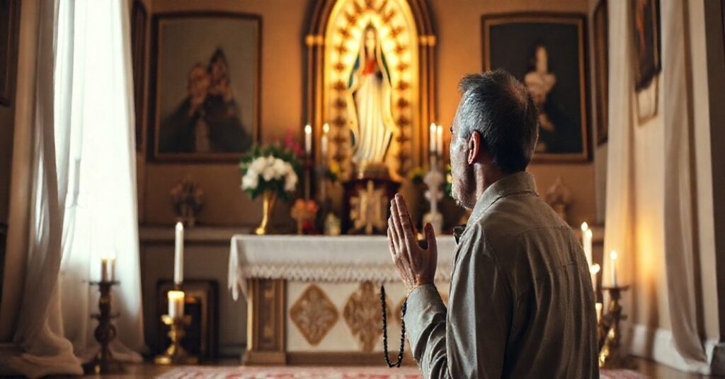 Tradycyjny katolicki modląc się przed ołtarzem z rzeźbą Matki Bożej z Fatimy, z różańcem w ręku.