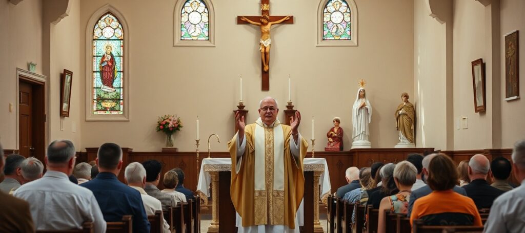 Tradycyjny katolicki ksiądz w szatach liturgicznych celebrowający Mszę św. w formie nadzwyczajnej Rytu Rzymskiego w kaplicy o klasycznym wystroju.