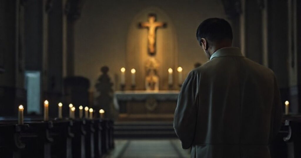 Wnętrze tradycyjnego kościoła katolickiego z ołtarzem i kapłanem modlącym się przy świecach
