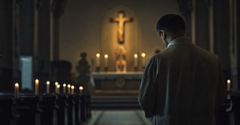 Wnętrze tradycyjnego kościoła katolickiego z ołtarzem i kapłanem modlącym się przy świecach