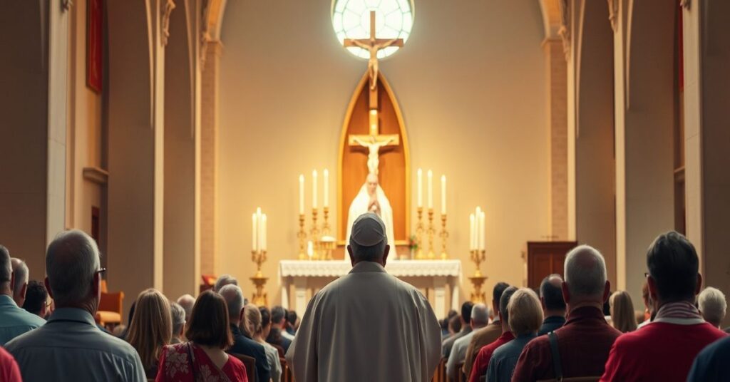 Realistyczne zdjęcie tradycyjnego wnętrza kościoła katolickiego z księdzem wygłaszającym kazanie z ambony. Wokół znajduje się pobożna zgromadzona ludność. Scena podkreśla świętość Mszy Świętej i sakramentów. Ksiądz jest odiany w liturgiczne szaty, co podkreśla sakralny charakter jego roli. Tło obejmuje dobrze oświetloną ołtarz z monstrancją, krzyżem i świecami, symbolizującymi rzeczywistą obecność Chrystusa.