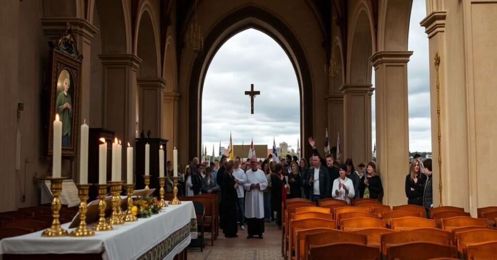 Tradycyjny kościół katolicki w Łodzi z widokiem na ekumeniczne spotkanie Taizé w tle