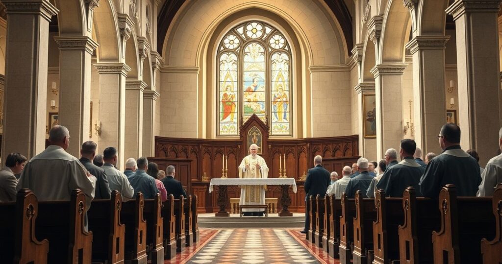 Reverentne zdjęcie katolickie przedstawiające tradycyjne wnętrze kościoła z duchownymi w liturgicznych szatach podczas nabożeństwa, symbolizujące prawdziwą misję Kościoła.